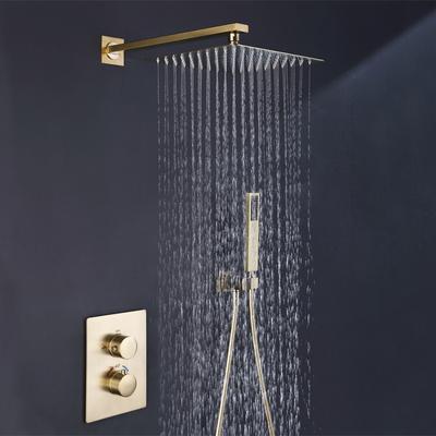 Badezimmer-Duscharmatur-Set, gebürstetes Gold, verdeckte Regendusche, Deckenthermostat-Duschbatterie, 10-Zoll-Duschkopf