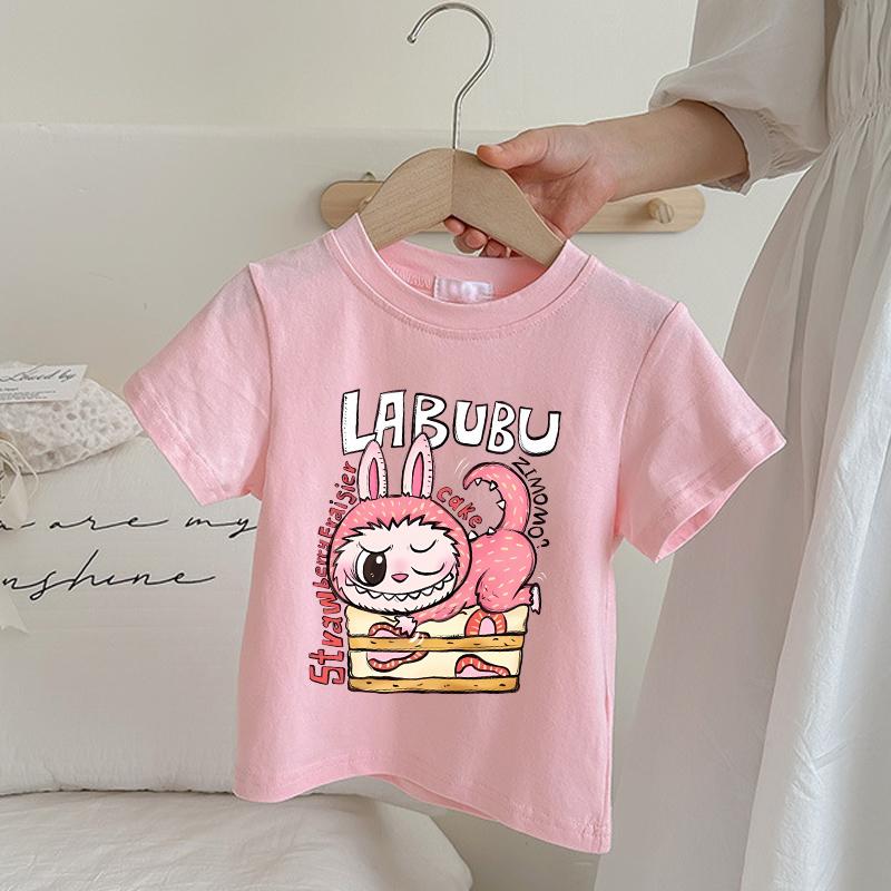 Labubu Children's Pink T-shirt Cartoon Anime Summer Short Sleeved Girl Fashion Cute Top