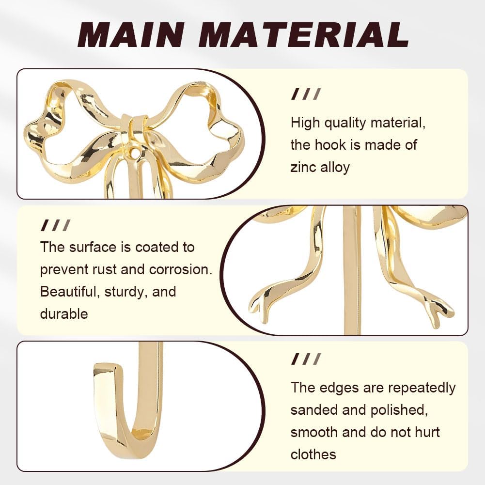 Gold Bow Wall Hook, 2Pcs Large Size Coat Hook, Metal Hook Bow Hooks for Coats, Hats, Bags, Bath Towels and Room Decorations, for Wedding Bathroom