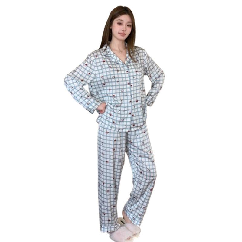 Spring new ice silk pajamas women's high-end fashion printing thin long-sleeved trousers loungewear suit can be worn outside