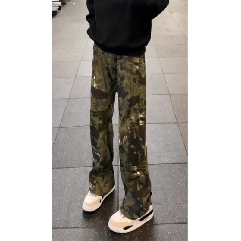 Mens Vintage Camo Flared Jeans Slim Fit Cargo Pants Casual Denim Trousers