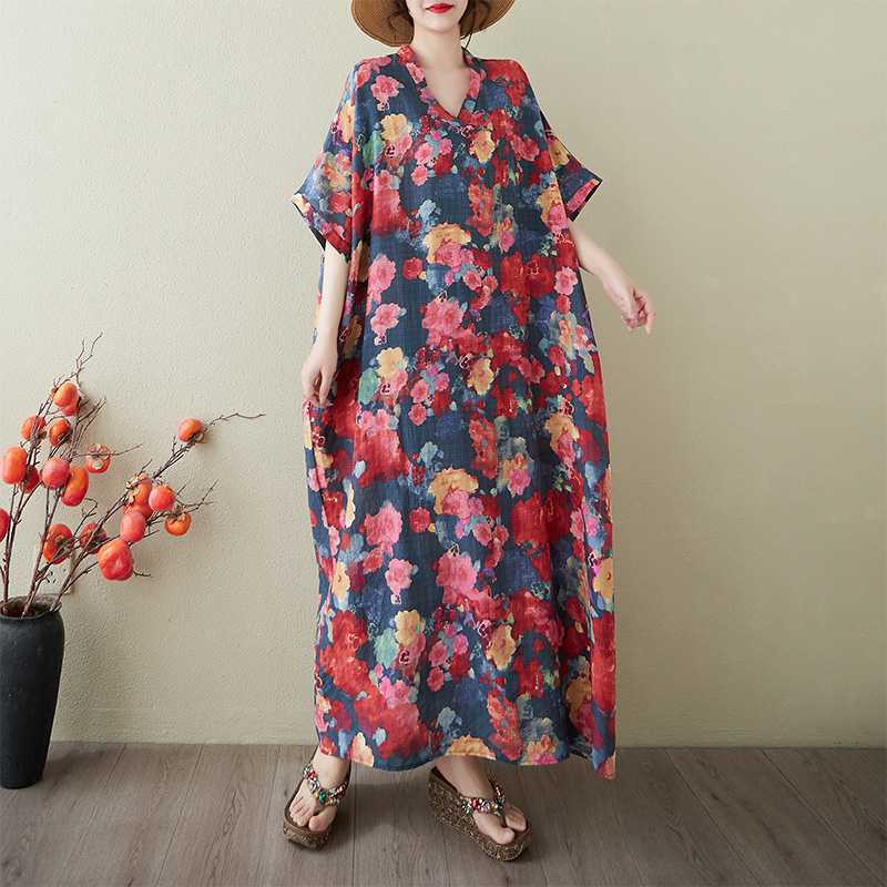 Women's Vintage Long Dress with Cotton and Linen Patterns