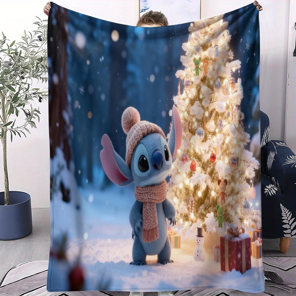 Stitch Snowy Winter Themed Series Cute Cartoon Print Fleece Blanket for Adult Quality Cozy Warm Blanket for Travel Picnic Home