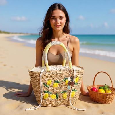 Summer Lemon Straw Tote Bag Women Handmade Embroidered Beach with Drawstring Closure Lightweight Eco-Friendly Shopping Baske