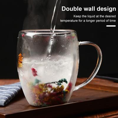 Doppelwandiger Glasbecher mit Blumenmuster, 250 ml/350 ml, klarer, ästhetischer Trinkbecher mit isoliertem Griff, echt