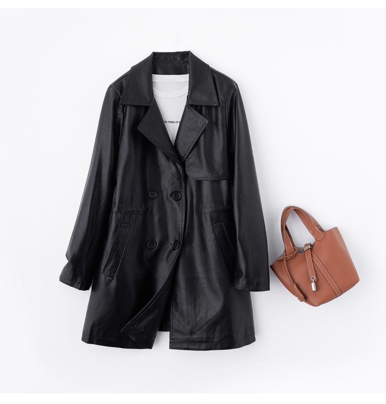 Women's PU Leather Trench Coat with Suit Collar, Double-Breasted, Mid-Length, Waist-Slimming for Spring/Autumn - Model YG82936.