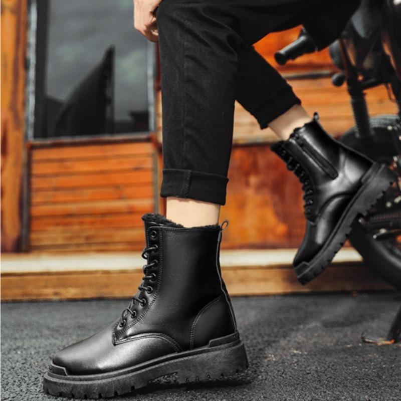 Men's Boots Outdoor Waterproof Leather Boot Classic Black High Top Boot Plush Warm Winter Boots Fashion Motorcycle Boots for Men