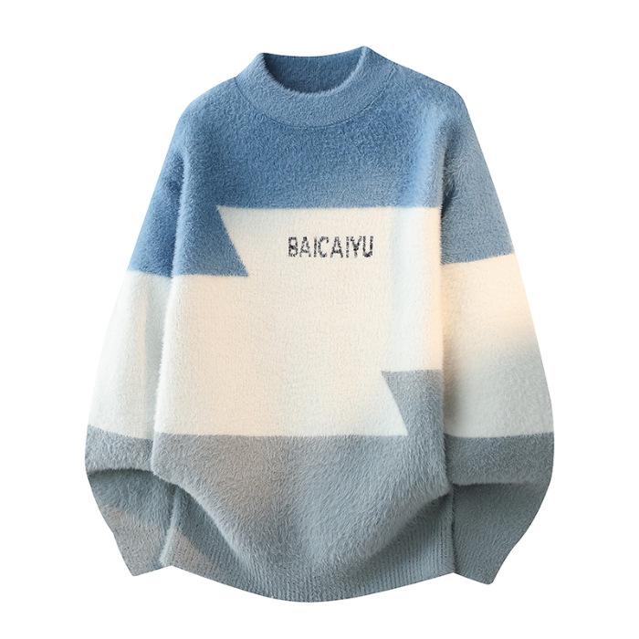 2025 Autumn/Winter Men s Color Block Faux Mink Fur Sweater 3XL