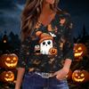 Women's Casual Halloween Print V-Neck Three-Quarter Sleeve Blouse for Festive Occasions