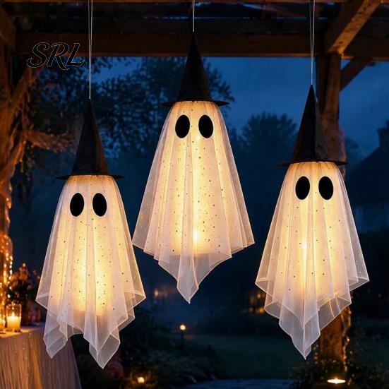 Indoor Halloween Party Props 3 Pcs Hanging Ghost Decoration, Spooky Large Mesh Three Piece Set with Witch Hat for Porch, Yard, Entryway, Haunted House