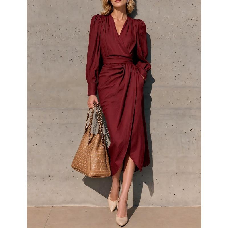Women S V Neck Long Sleeve Wrap Tie Waist Long Dress