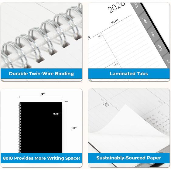 Blue Sky 2026 Monthly Planner Calendar, January 2026 - December 2026, 8" x 10", Monthly Layout, Flexible Cover, Silver Wirebound, Laminated Tabs,