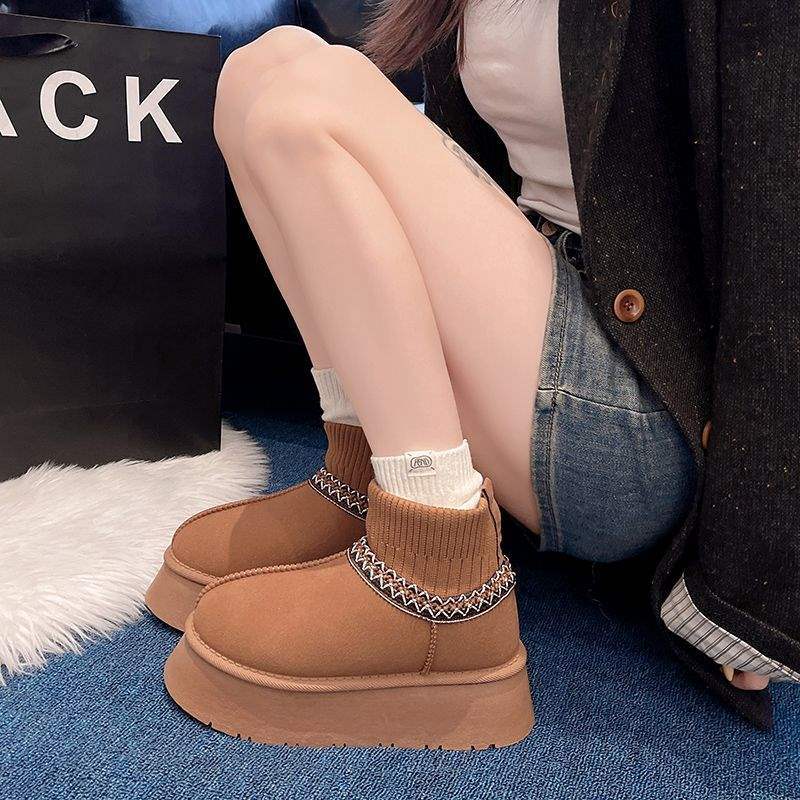 2025 νέα χειμερινά χοντρόσολα χιονιού με φλις επένδυση ζεστά μποτάκια χιονιού γυναικεία με φλις χοντρή μάλλινη επένδυση πλεκτά μποτάκια με μάλλινο στόμιο