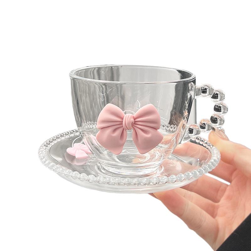Round Beads Point Glass and Saucer Transparent Bow Glass Coffee Mug Round Saucer Set Breakfast Milk Glass Kitchen Utensils