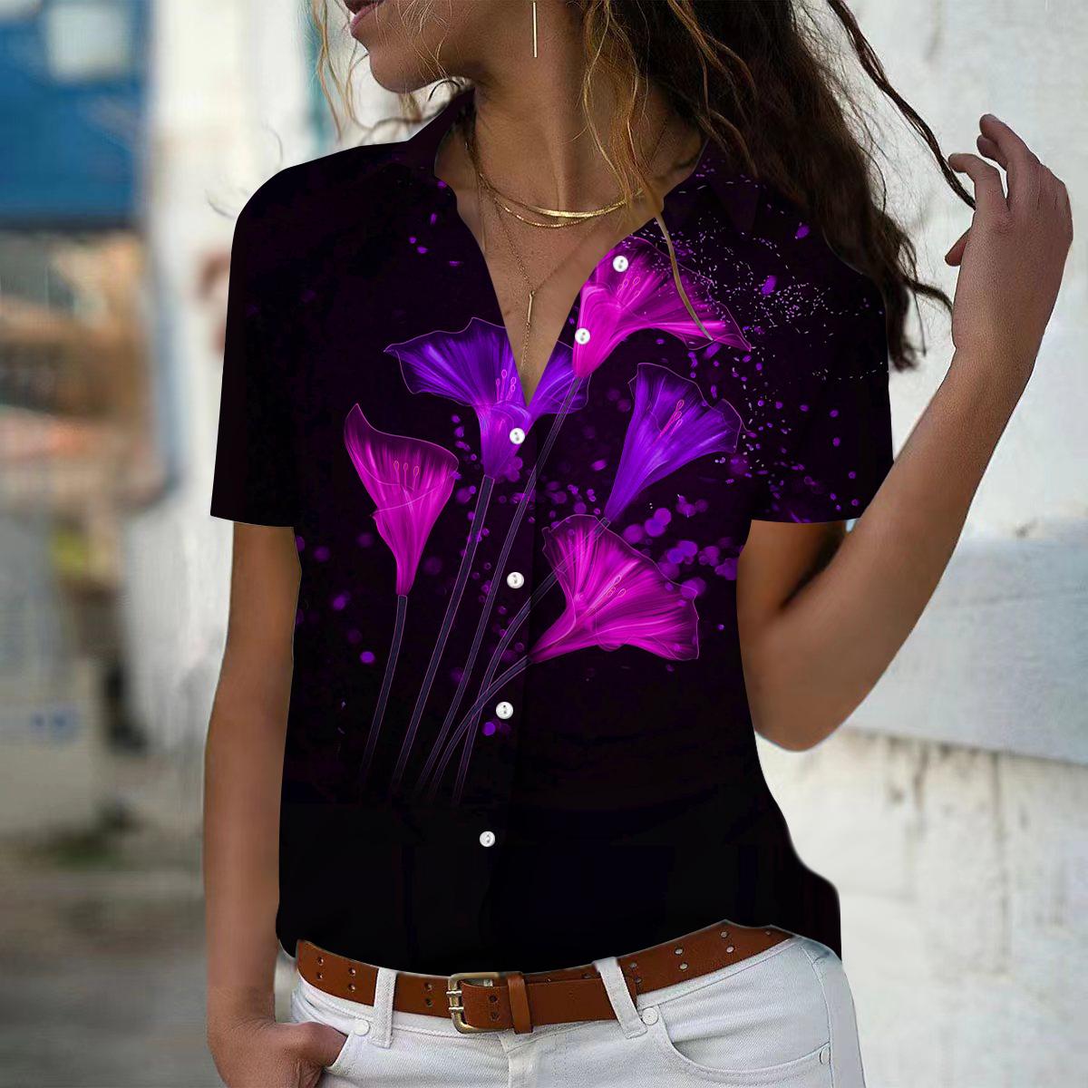 

2025 Summer New Fashion Women s Flower Printed Short Sleeve V-neck Casual Button-down Shirt Top XS фіолетовий