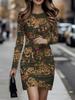 Printed Mini Dress Sexy Short Skirt 1 Piece Women's Party Fashion Casual Long Sleeved Skirt Round Neck Slim Fit Skirt