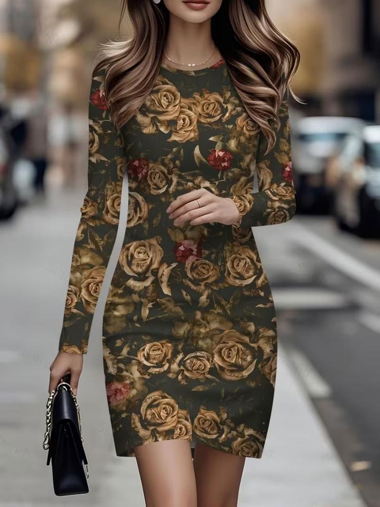 Printed Mini Dress Sexy Short Skirt 1 Piece Women's Party Fashion Casual Long Sleeved Skirt Round Neck Slim Fit Skirt
