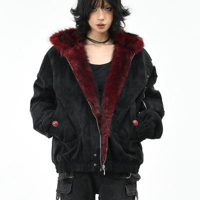 Rood Nepbont Voering PU Winterjas Man Vrouw Winter Warm Verdikt Fleece Capuchon Jas Gevoerde Jassen