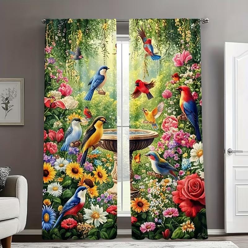 2 Pcs Spring Birds and Flowers Print Curtains,suitable for Bedroom,living Room Kitchen Decoration,home Decoration,window Decor
