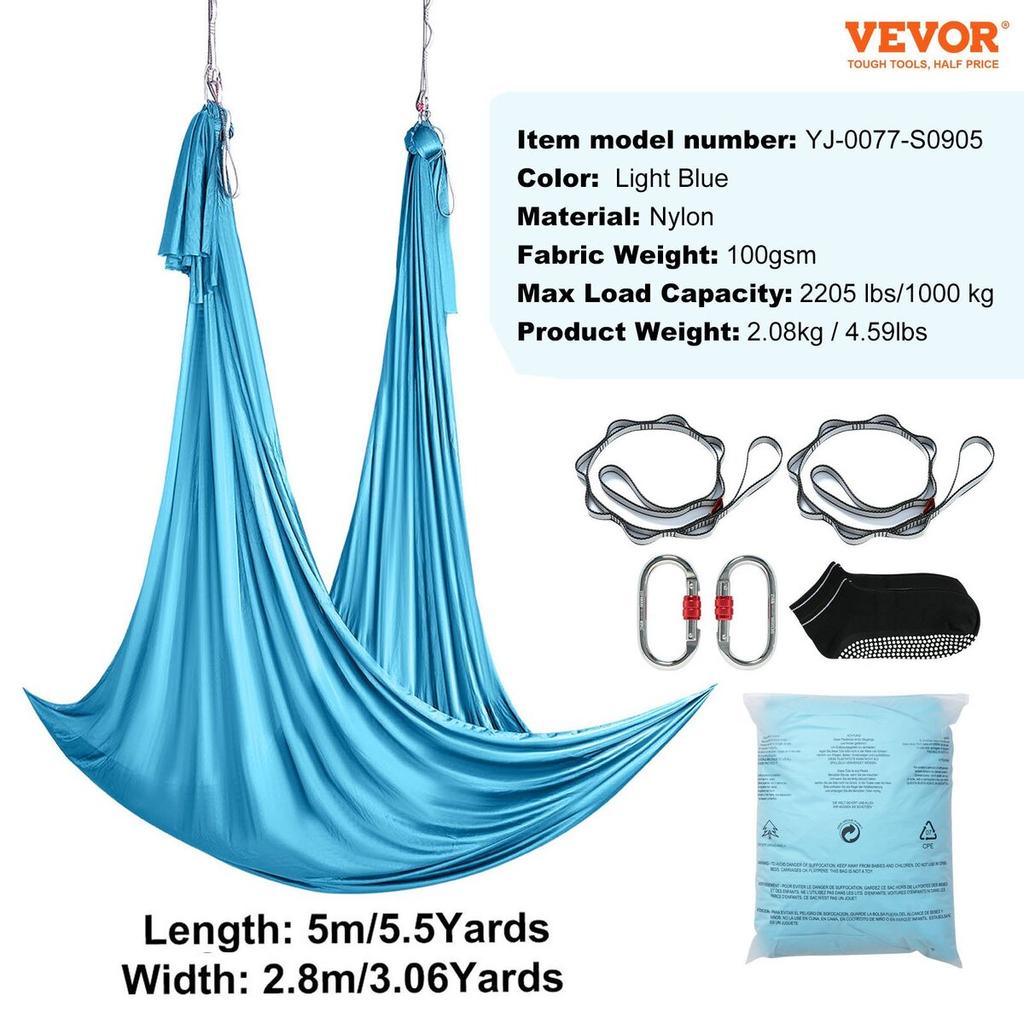 Aerial Yoga Hammock & Swing, 5.5 Yards, Aerial Yoga Starter Kit with 100gsm Nylon Fabric, Full Rigging Hardware & Easy Set-up Guide, Antigravity