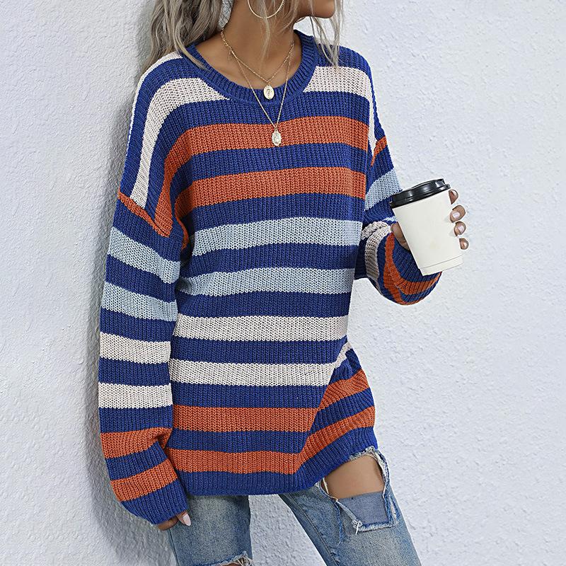 

Осенняя мода Вязаный свитер средней длины в полоску с круглым вырезом и длинным рукавом для женщин Одежда S оранжевый