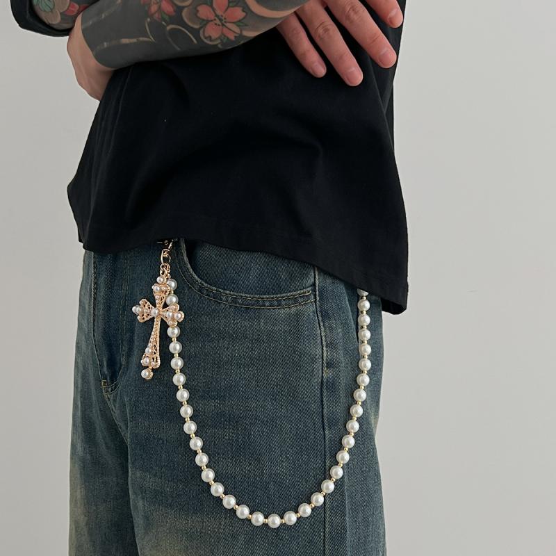 Fashion Punk Cross Imitation Pearl Pendant Jeans Chain Men Hiphop Rock Pants Waist Belt Wallet Bag Chain Jewelry Accessories