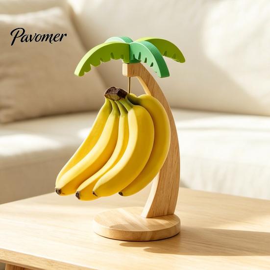Natural Wood Fruit Stand Wooden Banana Hanger, Coconut Tree Shape, with Metal Hook, Display Tropical Theme Stable Base Rack, for Kitchen Countertop