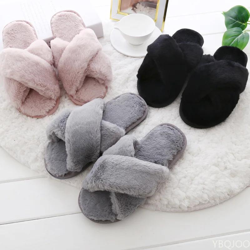 NEW Design Women Winter House Furry Slippers Women Cross Fluffy Fur Home Slides Flat Indoor Floor Shoes Ladies Flip Flops
