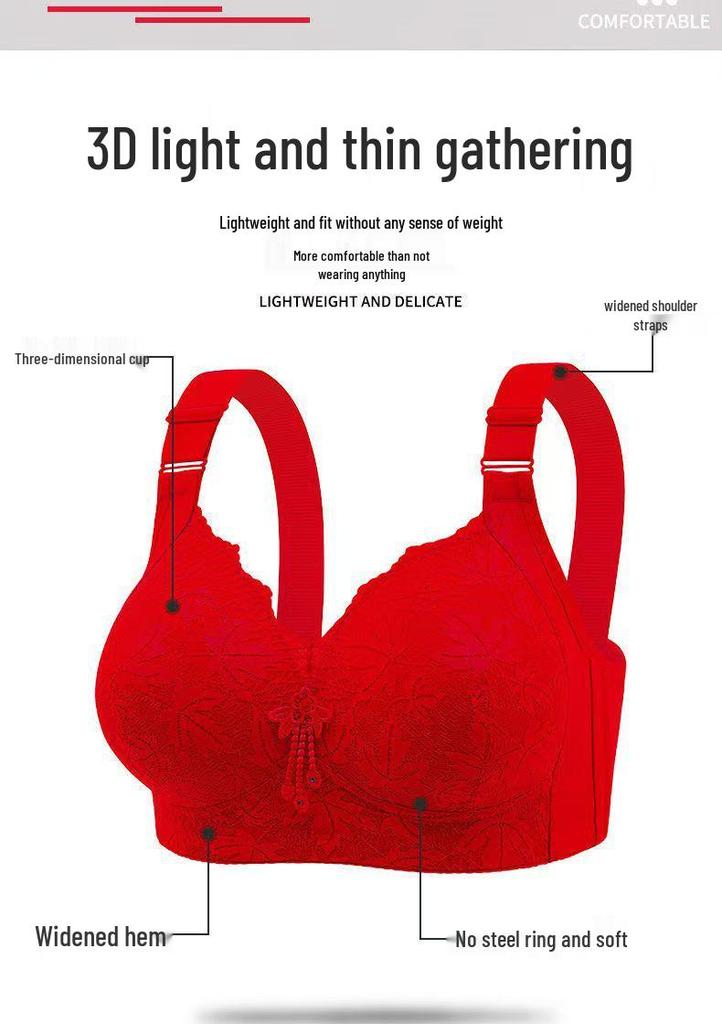 Plus Size Wire-Free Lace Bra: Breathable, Push-Up, Side Support, Anti-Sagging, Slimming Effect for Middle-Aged and Elderly Women