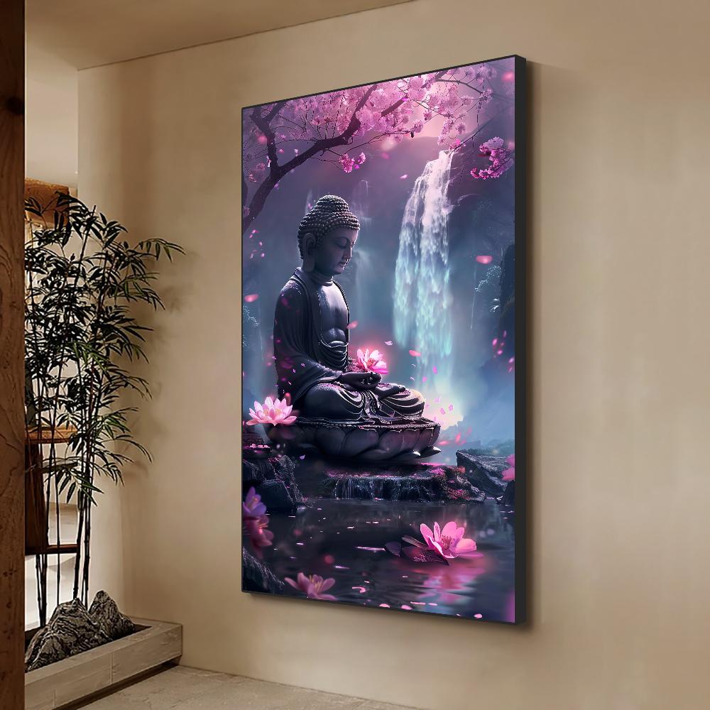 Modern Religious Abstract Buddhism Wall Art Posters and Prints Purple Flowers Buddha statue Canvas Painting Home Decor
