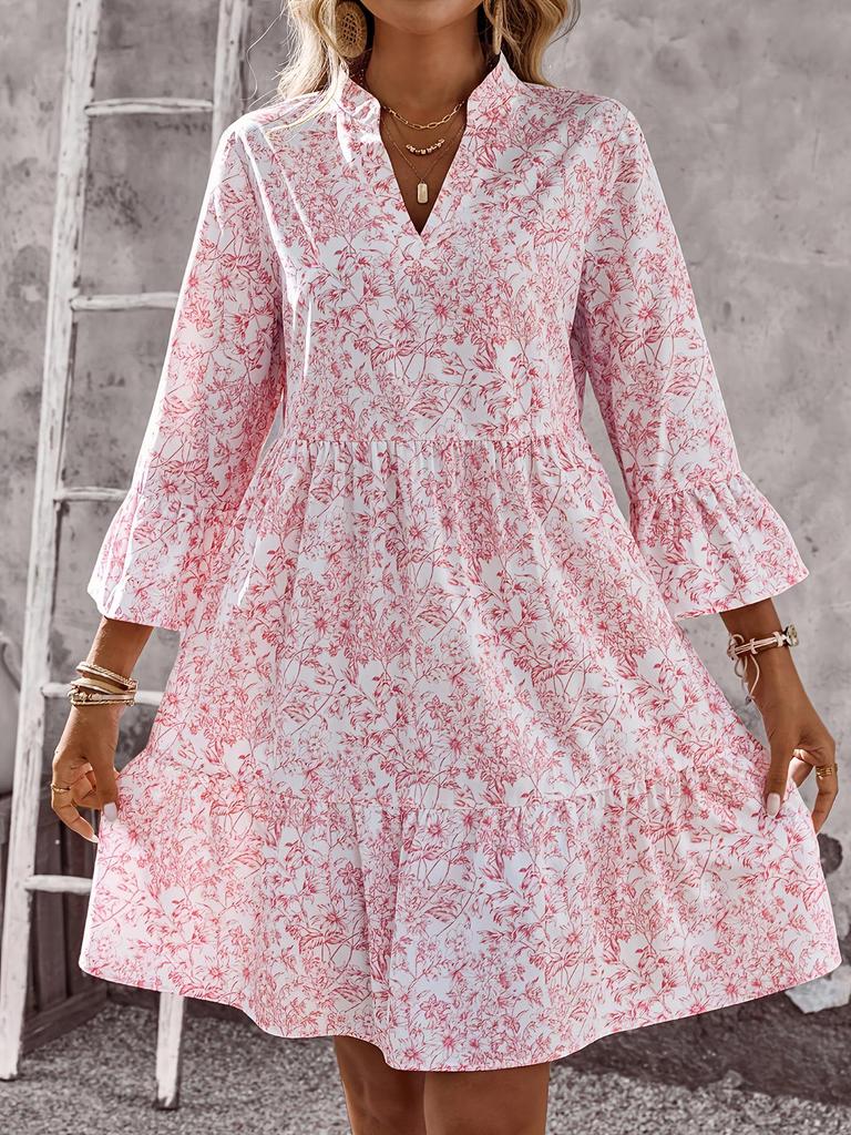 European & American Style Floral Bell Sleeve V-neck Midi Dress for Women