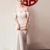 French Off-shoulder Light Wedding Dress, Minimalist Forest Style Welcome Gown, White Slim-fit Satin Mermaid Gown