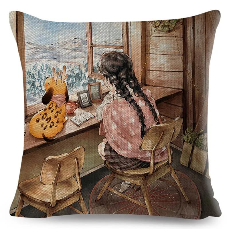 Colorful Cute Cartoon Girl and Pet Dog Fairy Tale World Pillowcase Decor for Sofa Home Pillow Case Polyester Cushion Cover