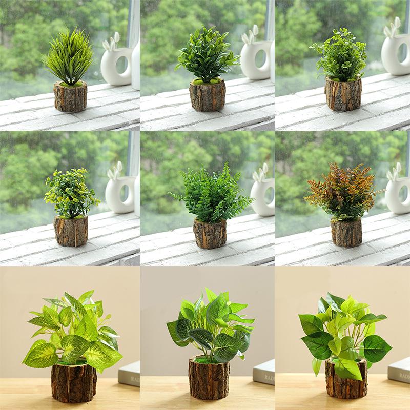 Creative Wooden Basin with Artificial Green Plant Bonsai Ornament for Display and Decoration.