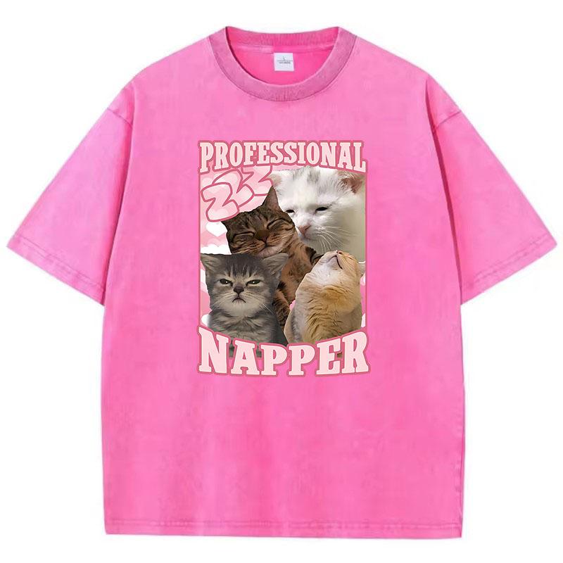 Aesthetics Kawaii Cat T Shirt Vintage Washed Cotton T-Shirt Graphic Tee Casual Streetwear Spring Summer Clothes