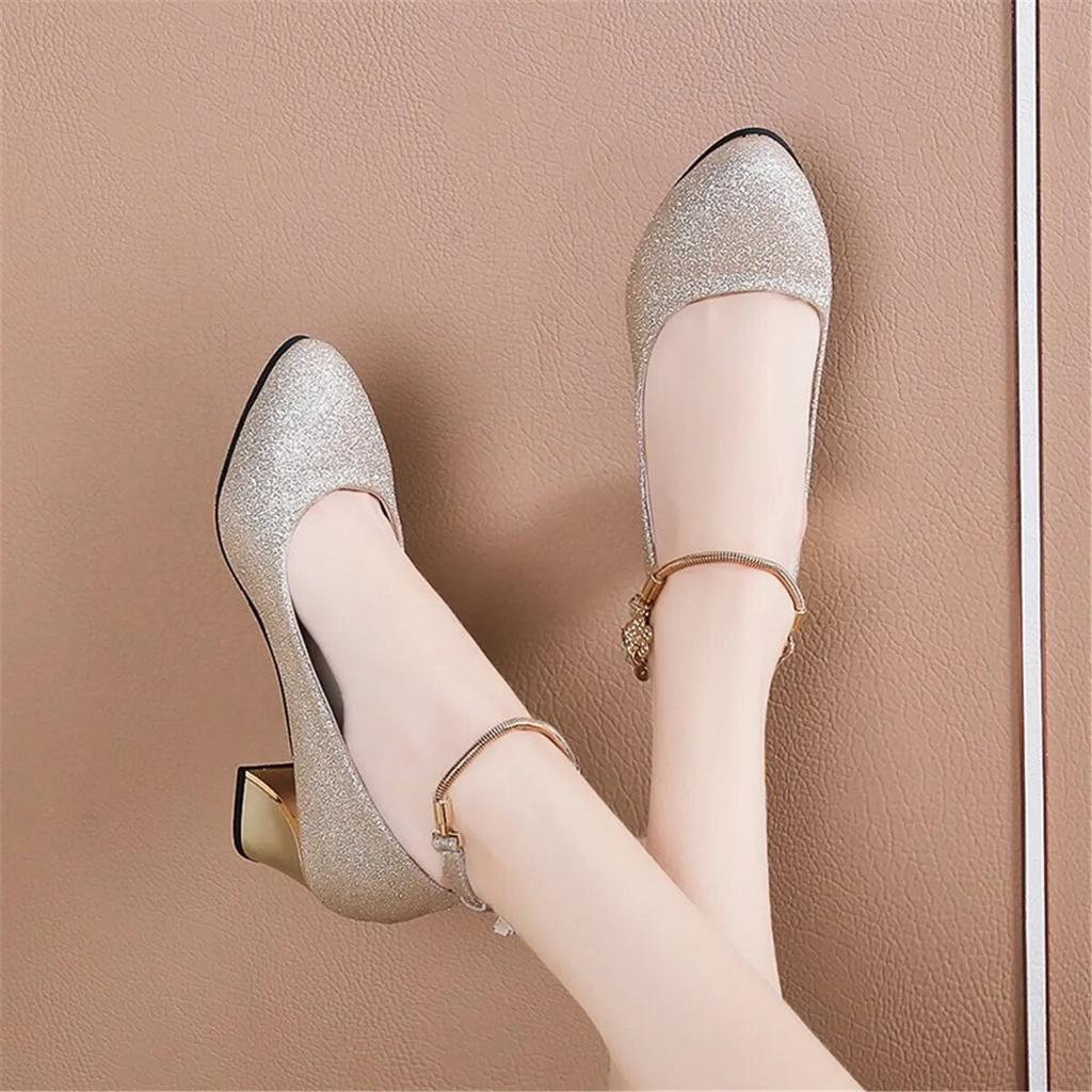 High Heels Chunky Single Shoes for Women, Round Head, Wedding Shoes, Simple Word Buckle, Work Shoes, Spring Autumn, New Fashion