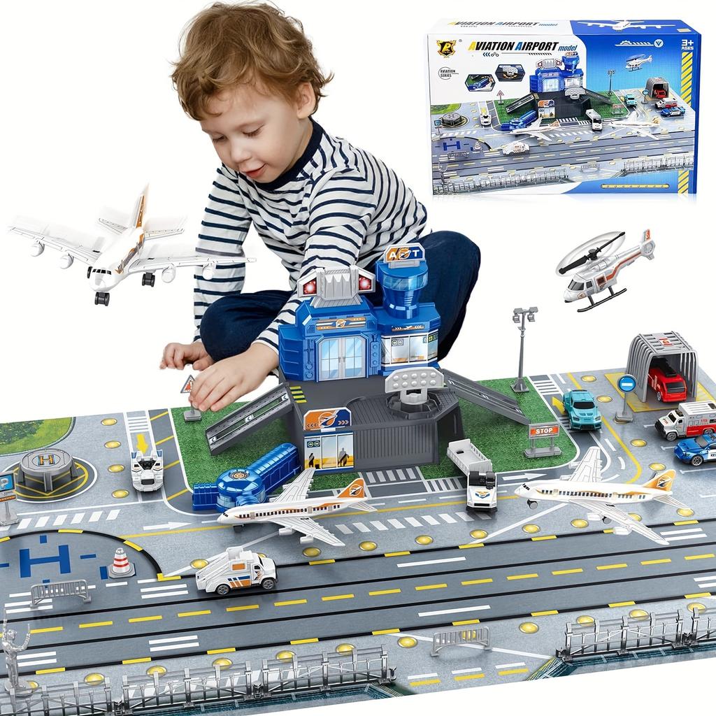 Airplane Toy Set with Trucks Helicopter Planes Signs Airport Playmat Interactive Early Learning Toys Birthday Gift for Boy Girl