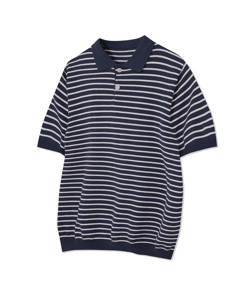 IRONYPORNO WHITELINE 86-Iro358 Color Stripe Button Collar Short Sleeve Knit Navy