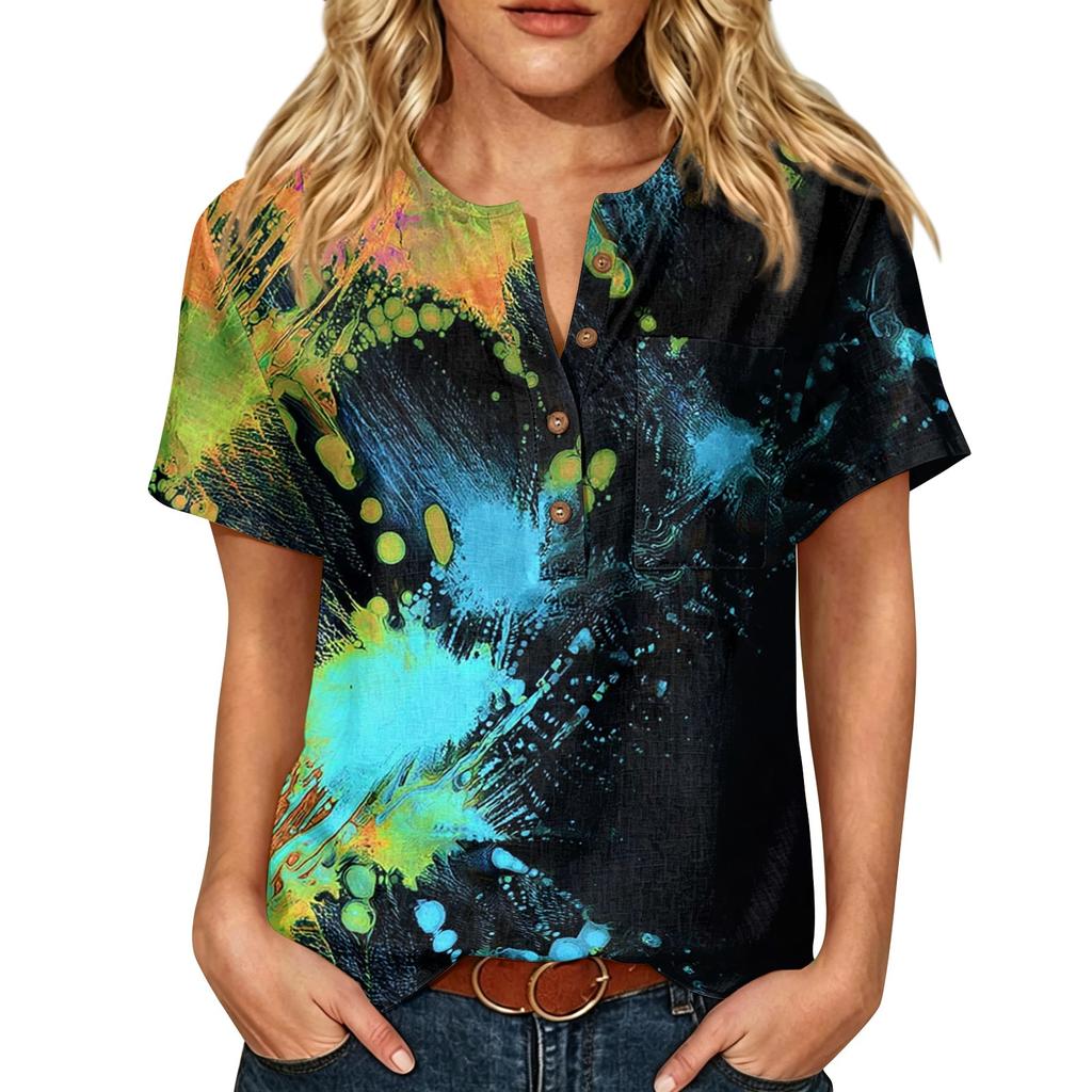 Women Casual Printed Henley Neck Button Front Pocket Short Sleeve Linen Cotton Shirt Blouse Top for Summer
