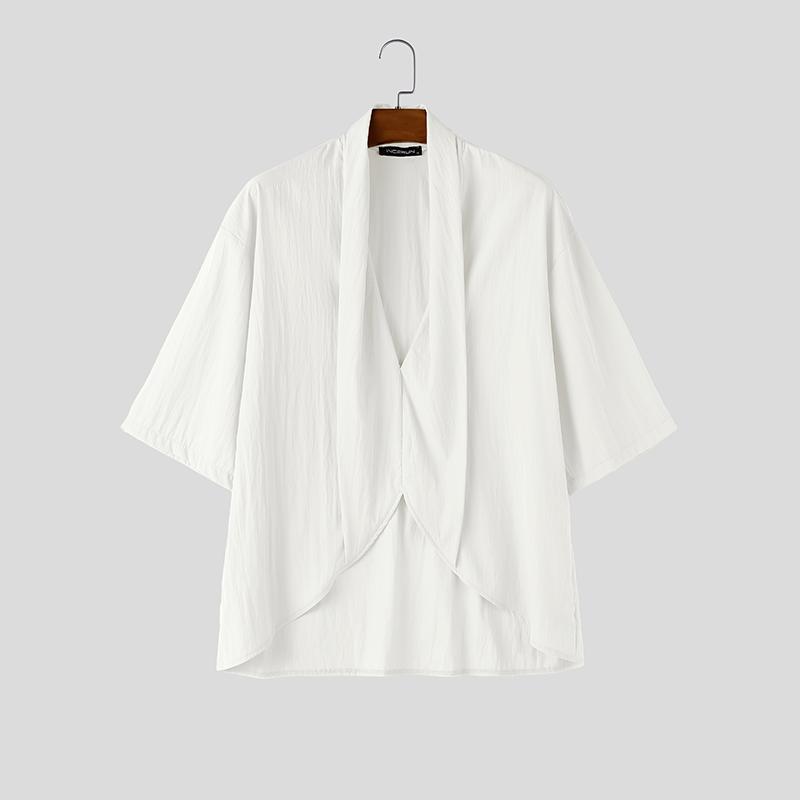INCERUN Men's 3/4 Sleeve V-Neck Irregular Loose Fit Casual Holiday Kimono Cardigan Shirts