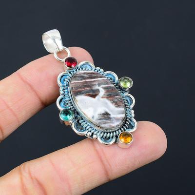 Oval Zebra Jasper Gemstone Mozambique Garnet Wedding Pendant 925 Sterling Silver