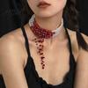 Vintage Style Beaded Choker Gothic Blood Drop Choker, Layered Faux Pearl Necklace, Red Tassel Alternative Statement Piece Earrrings, Punk Vampire