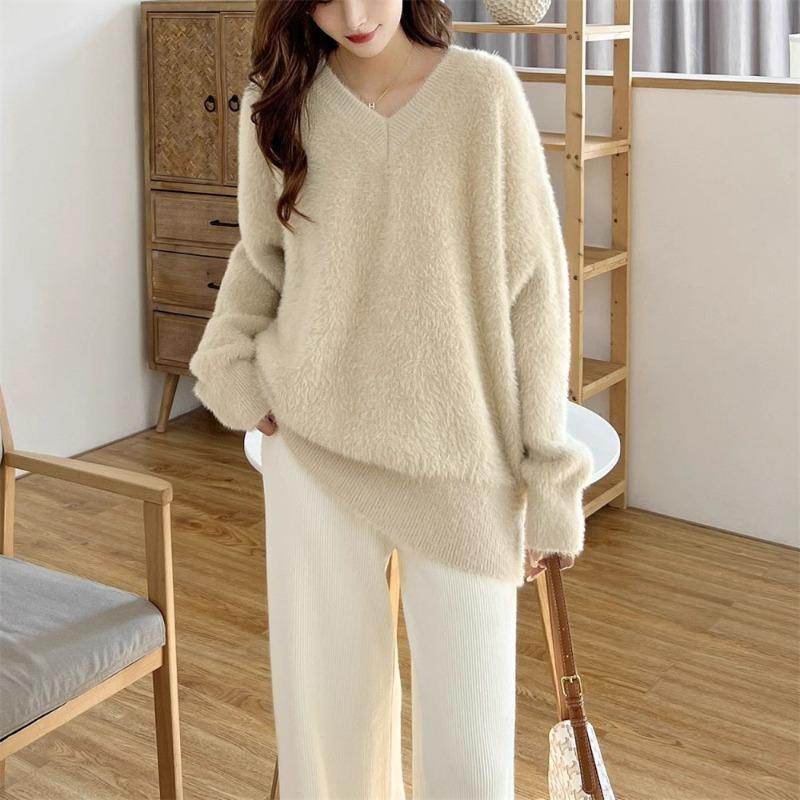 Milk wear imitation mink fleece collar soft waxy knitted sweater top women's autumn and winter new gentle wind sweater women's outer wear