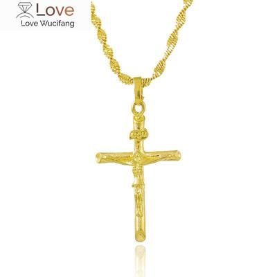 Pingente e colar de cruz de ouro 24K real para homens/mulheres, corrente de ouro, joias religiosas cristãs, presentes de Natal