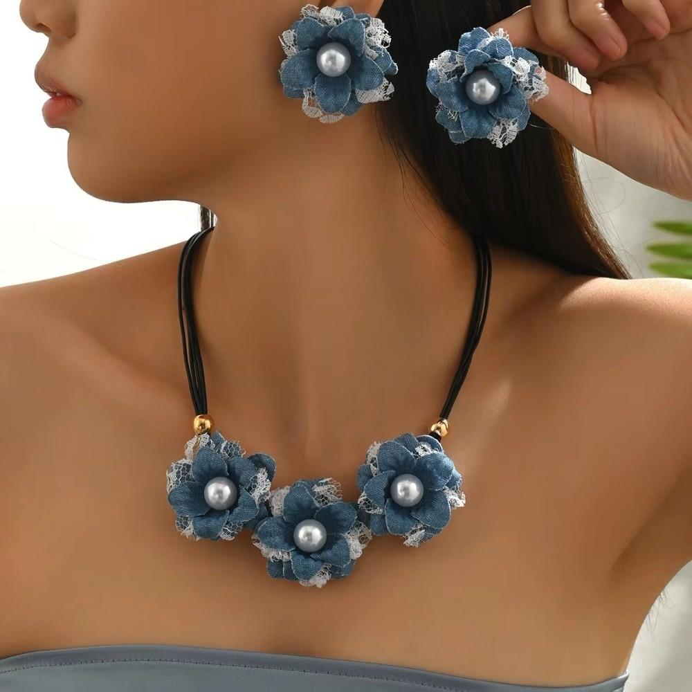 Exquisite Boho Denim Flower Earrings Imitation Pearl Vintage Style Denim Set Daily Wear Gift Jewelry Sets Women