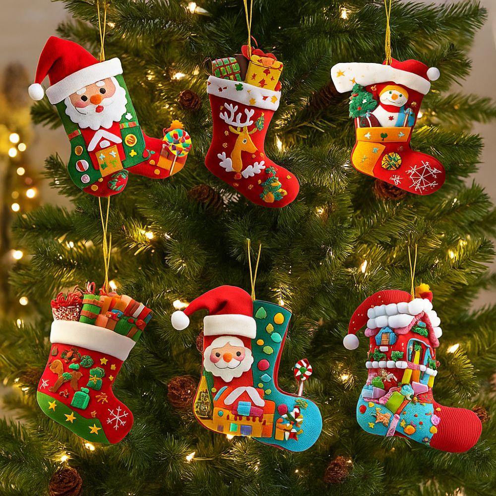 1/6Pcs 2D Christmas Socks Decorations Acrylic Handcrafted Christmas Tree Ornaments Colorful Christmas Tree Pendant