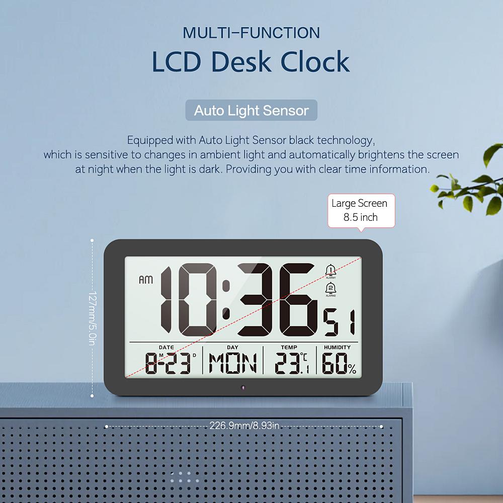 Battery Powered Digital Wall Clock TEMP Humidity Date Week 2 Alarm Night Vision 12/24H Auto Dimmable DST Snooze LCD Table Clock