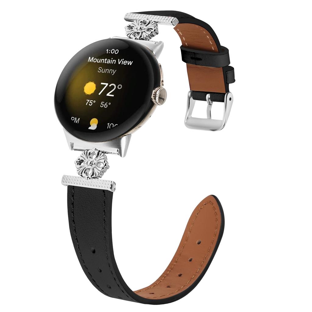 For Google Pixel Watch 2 Watch Band Genuine Cow Leather Flower Decor Adjustable Strap