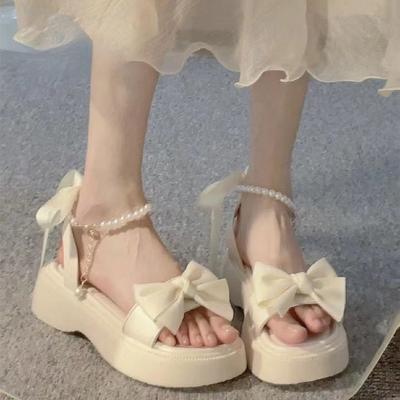 Sandals Women's New Summer Bow Fairy Wind Platform Pearl Word with Fashion Open-toed Roman Women's Shoes