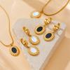 Gold Tone Black Enamel Oval Charm Jewelry Set Necklace Earrings